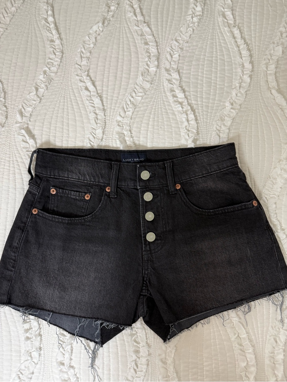 Lucky Brand Black Button-Front Raw Hem Denim Shorts